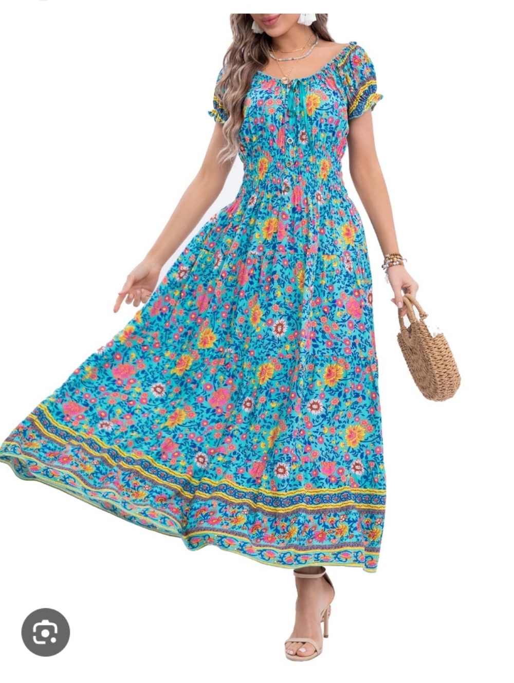 Ostoo Womens Size XXL Vibrant Turquoise Floral Tiered Maxi Dress